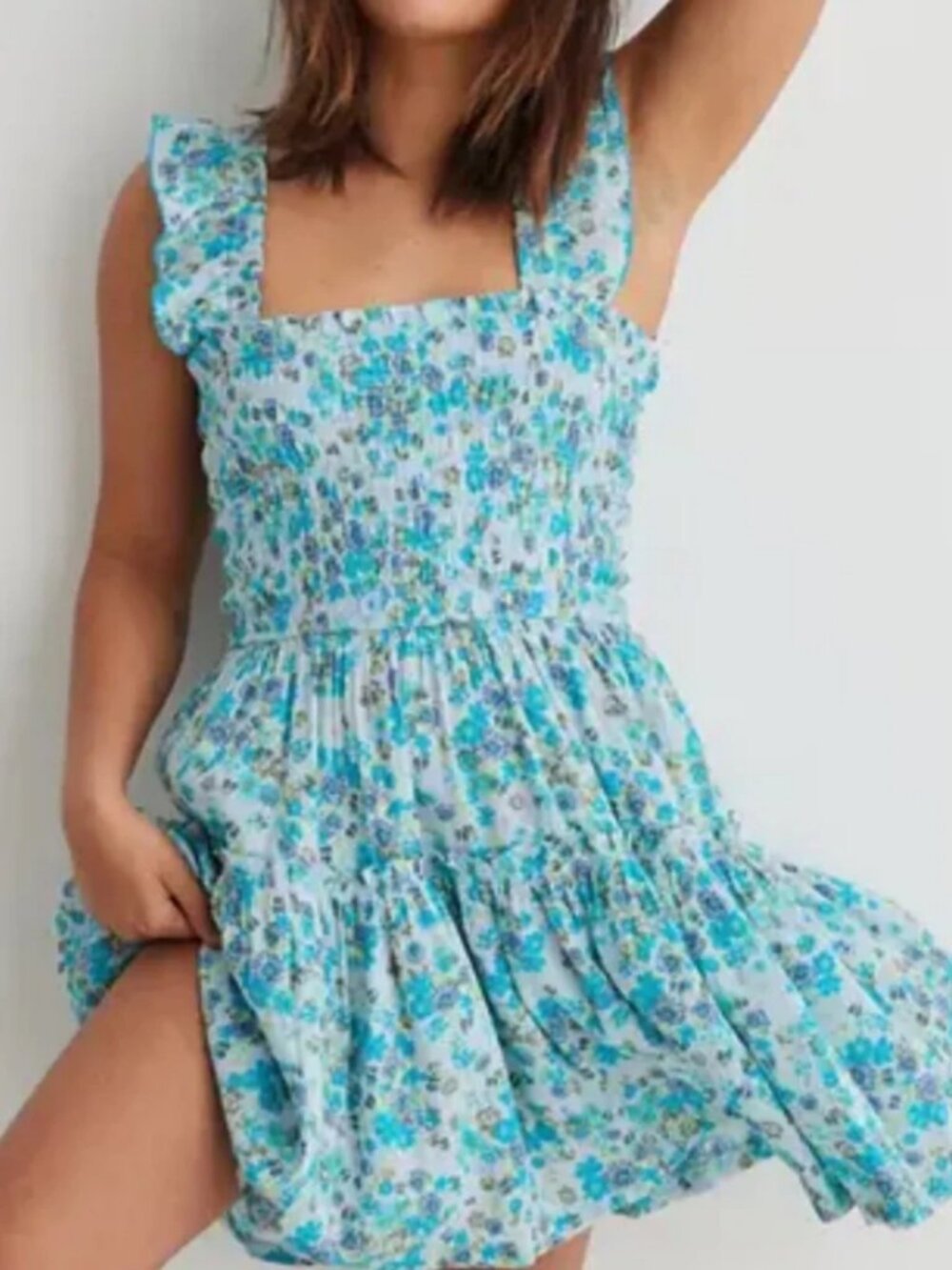 aerie Dress Small Blue Floral Smocked Mini Elastic Ruffle Sleeve Tiered